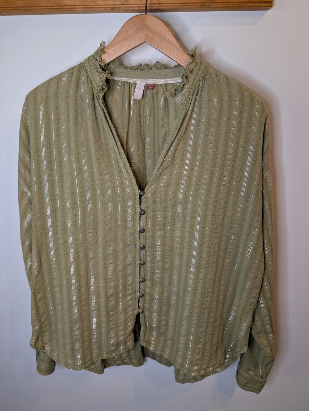 Pilcro Anthropologie Sage Green Metallic Stripe Button Front Top Small Boho